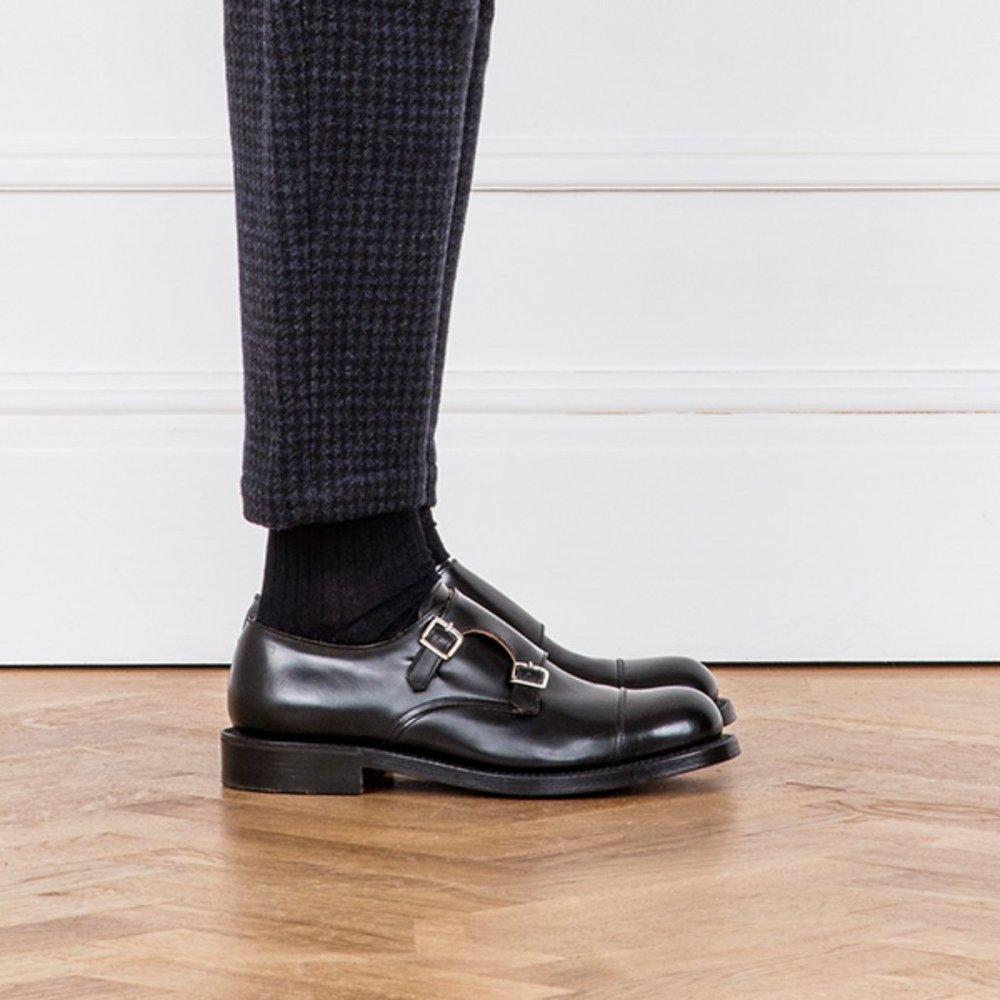 GRENSON Black Double Monk Strap Leather Loafers